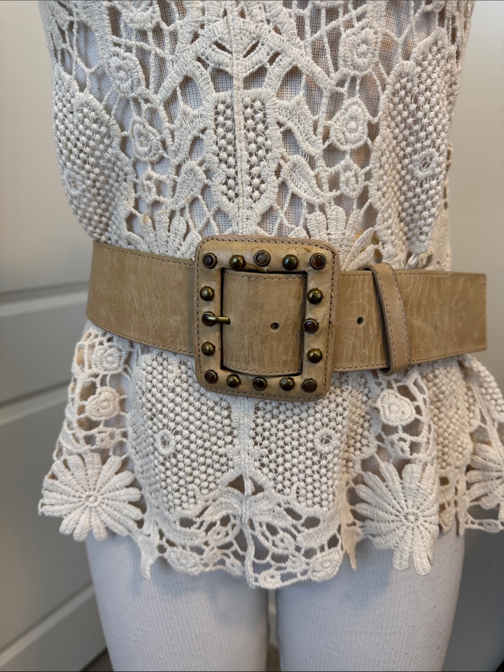 Wide Tan Studded Buckle Waist Belt
